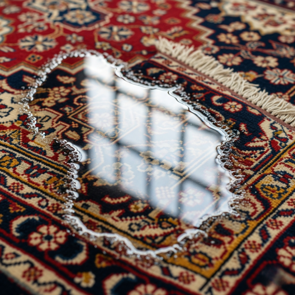 water pooling on a colorful Persian rug