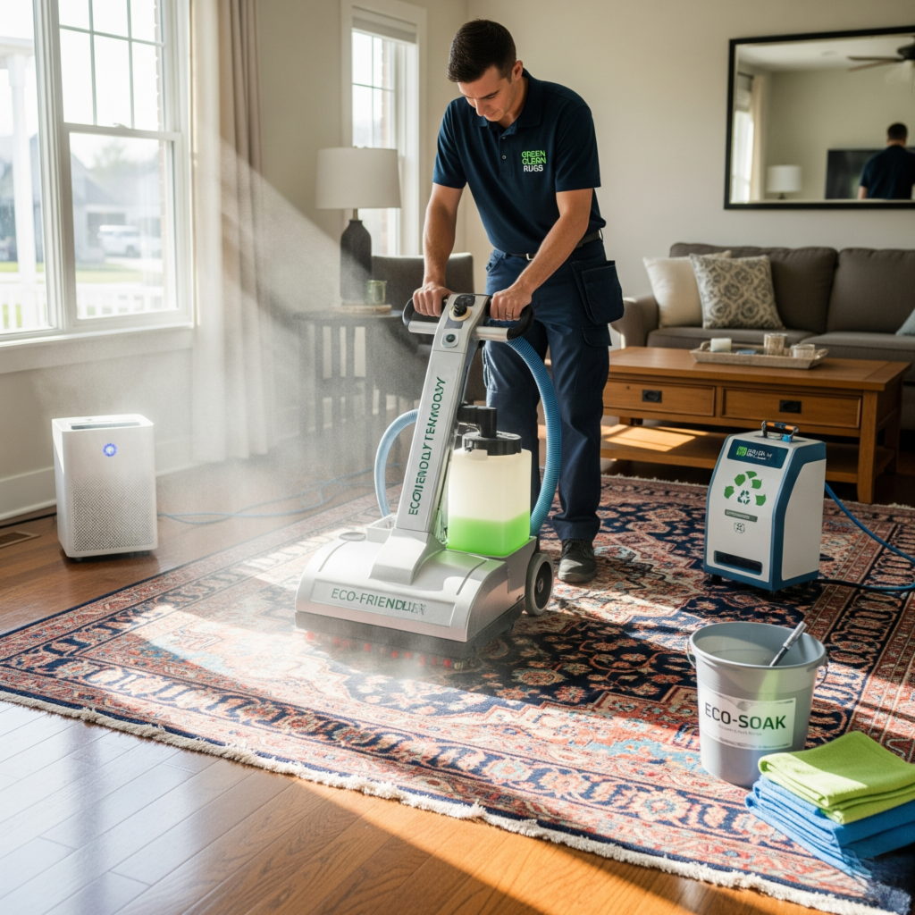 rug cleaning service in action, using eco friendly equipment.