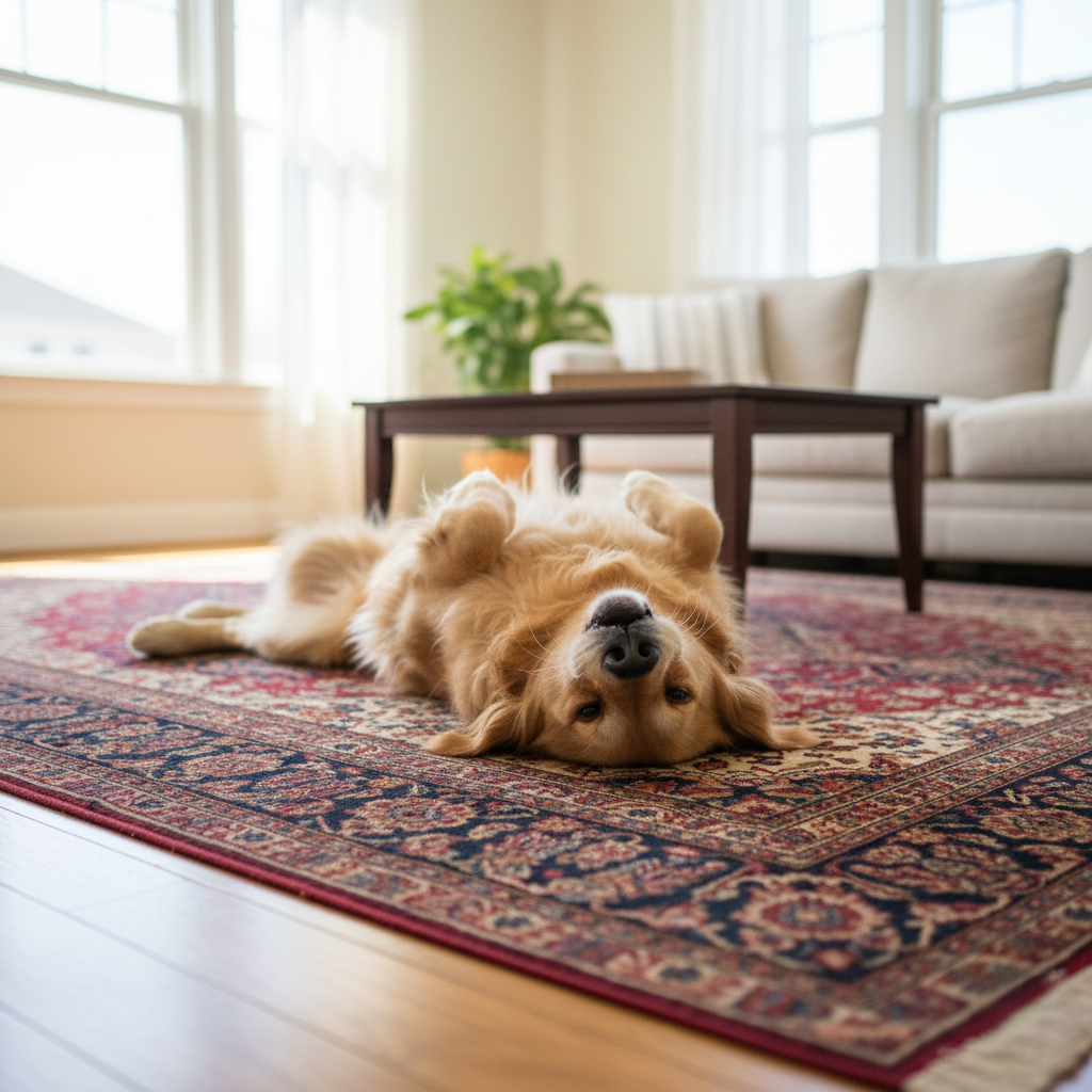 A happy pet lounging on a freshly cleaned rug in a bright living room.