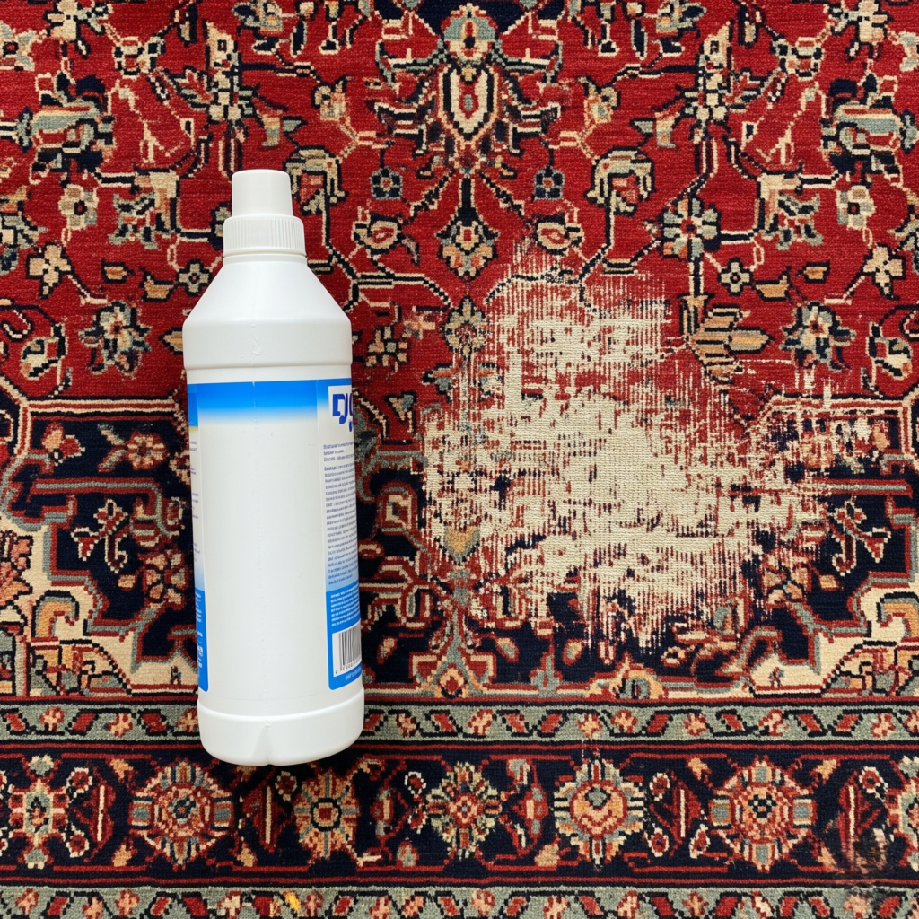 Store bought cleaner bottle next to a rug with visible color damage.