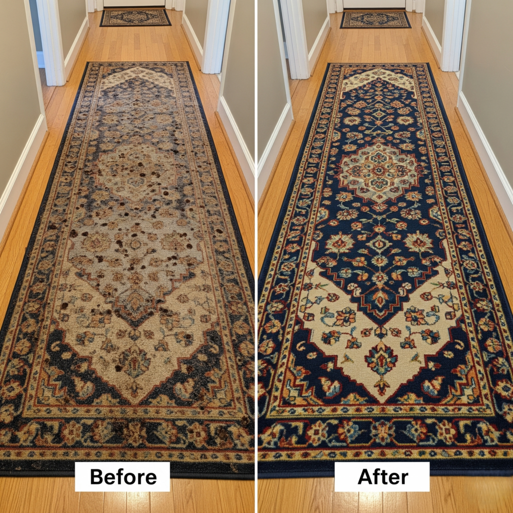 before and after shot of a hallway rug in a busy household.