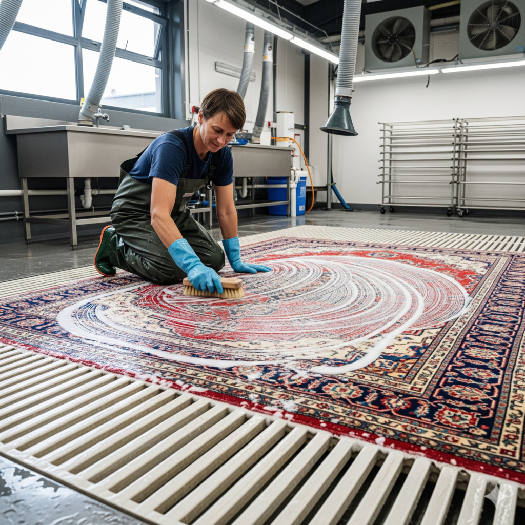 rug cleaner hand washing a Persian wool rug in a controlled environment.
