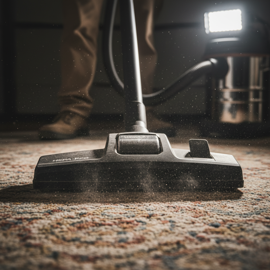 Professional grade HEPA vacuum removing debris from a rug surface.