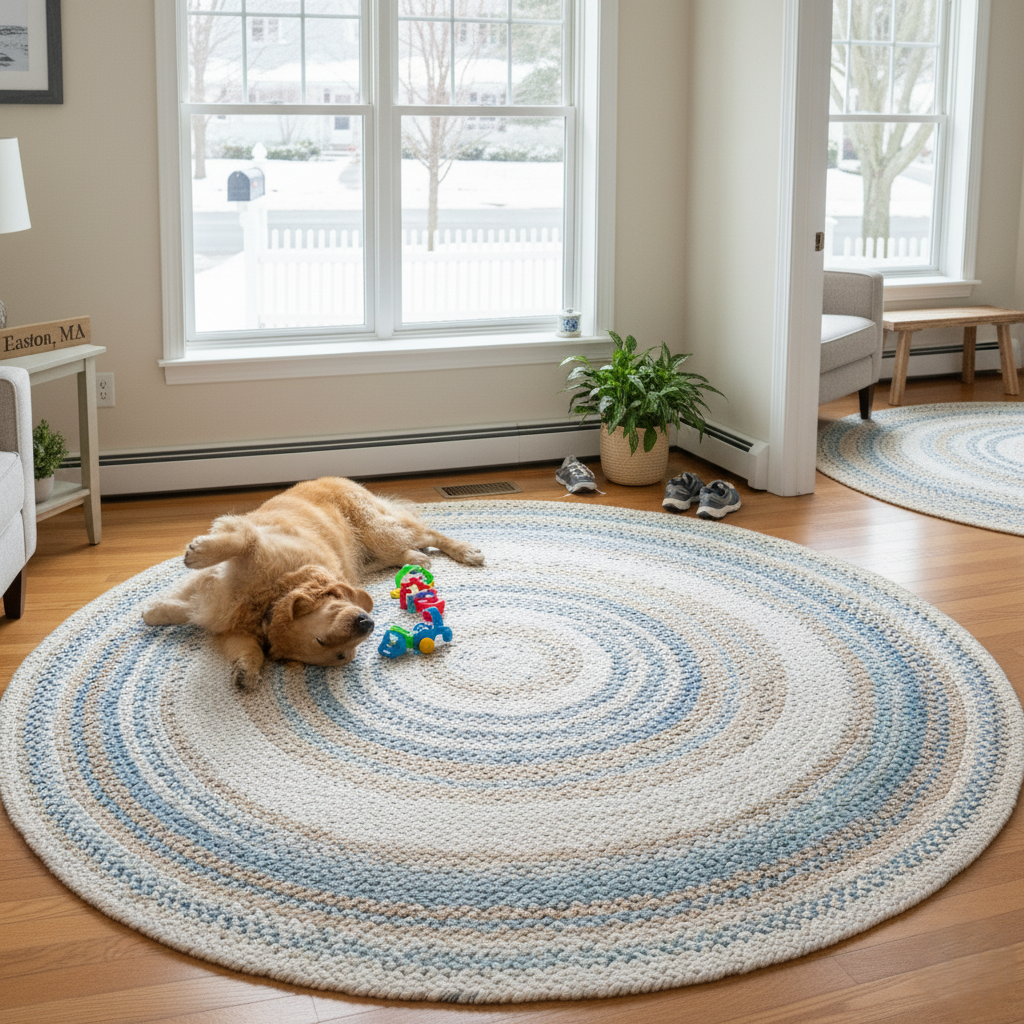 clean, vibrant braided rug in a high traffic entryway setting.