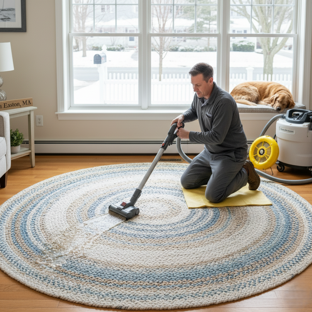 technician professionally deep cleaning a braided rug in a living room.