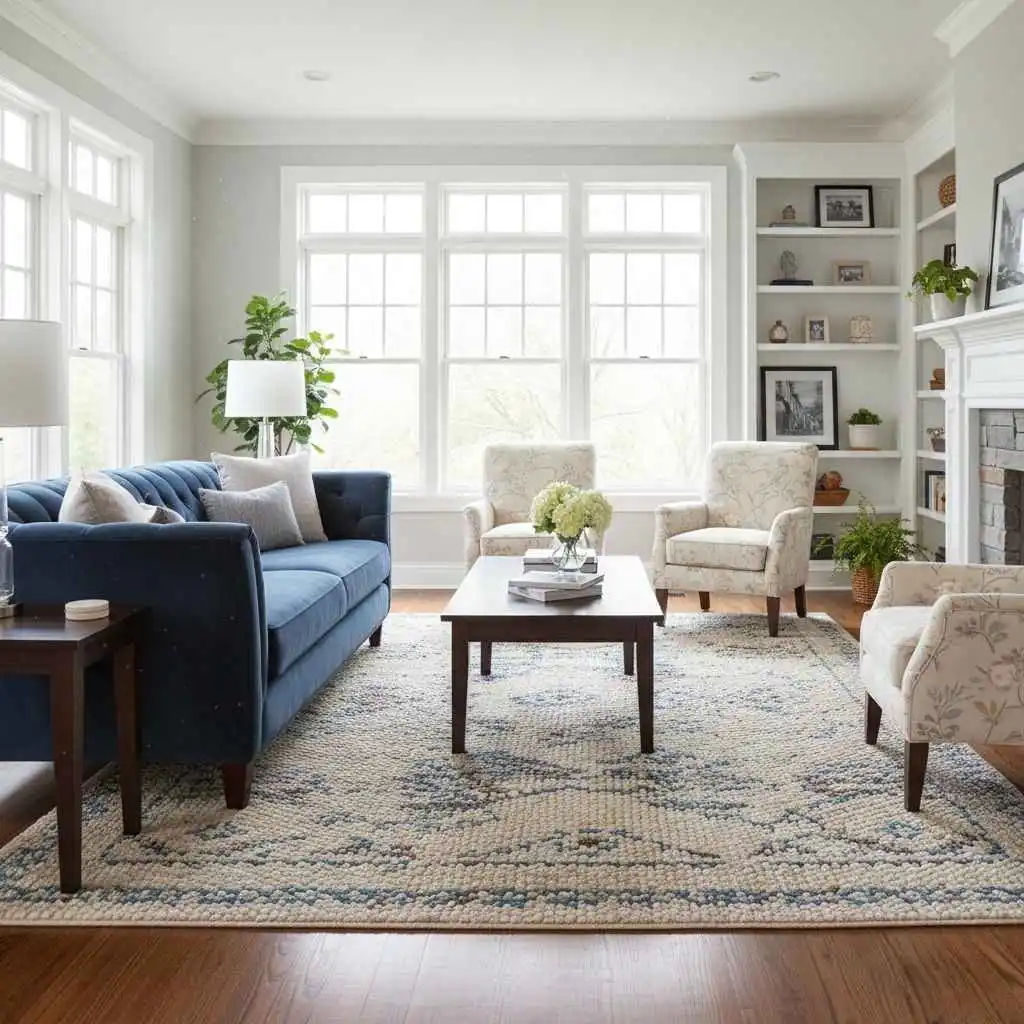 Fresh, clean rug in a bright Fairhaven living room