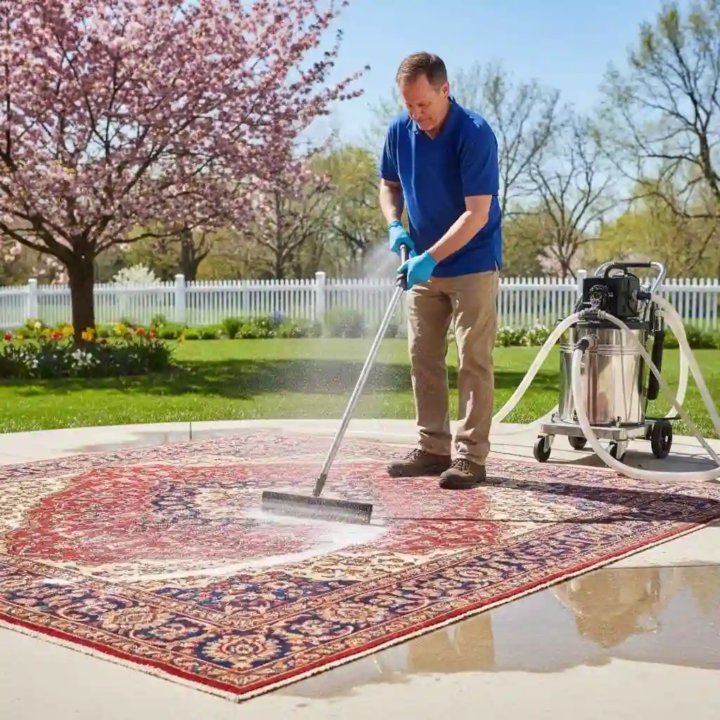 Persian rug being professionally cleaned in spring