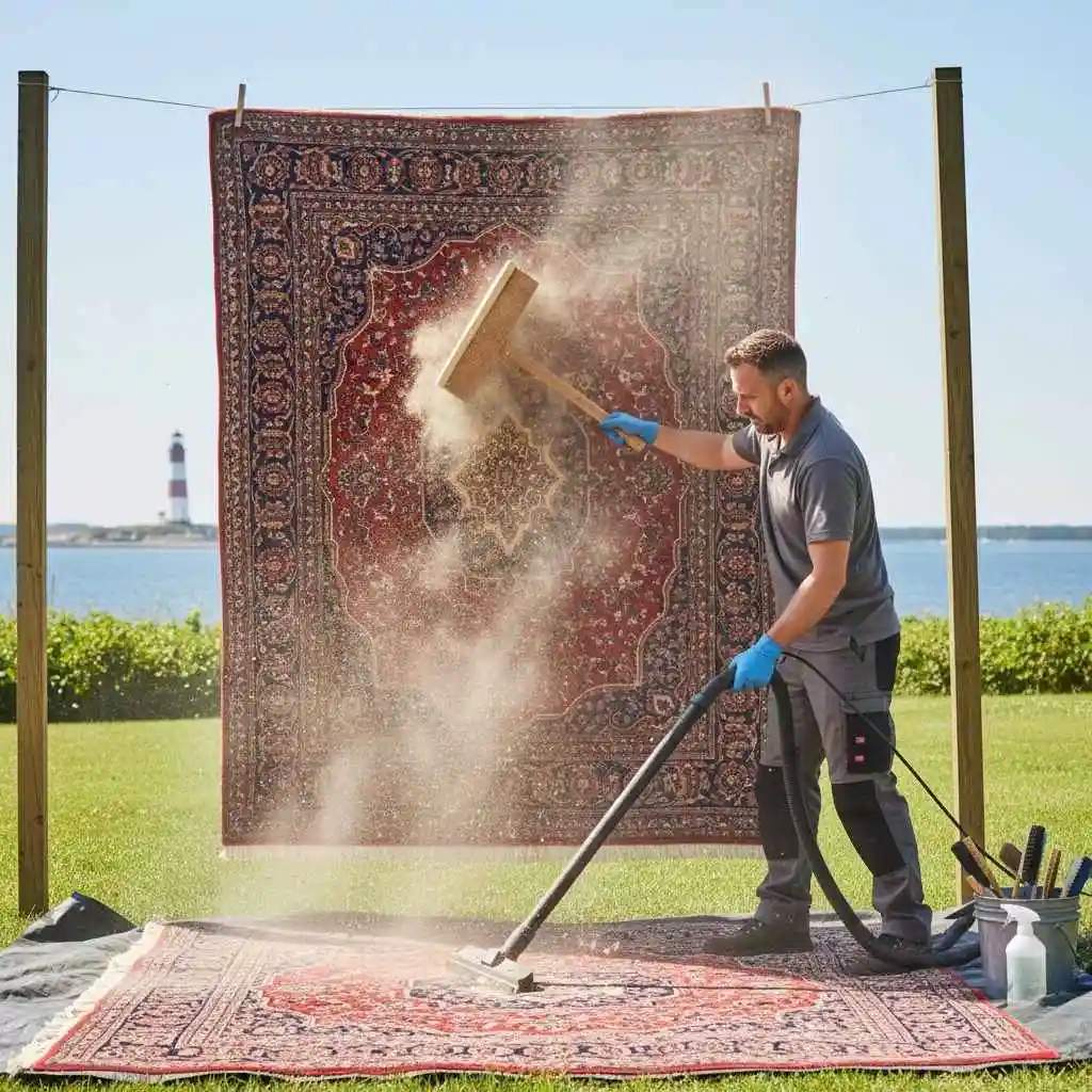 Technician dusting an area rug before washing