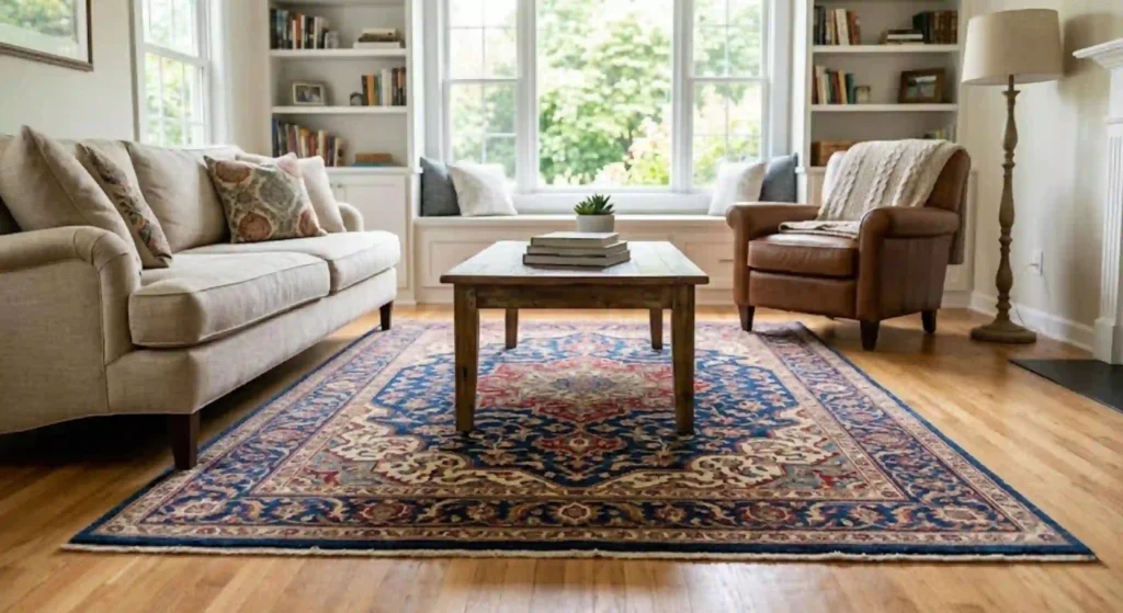 clean, vibrant rug in living room