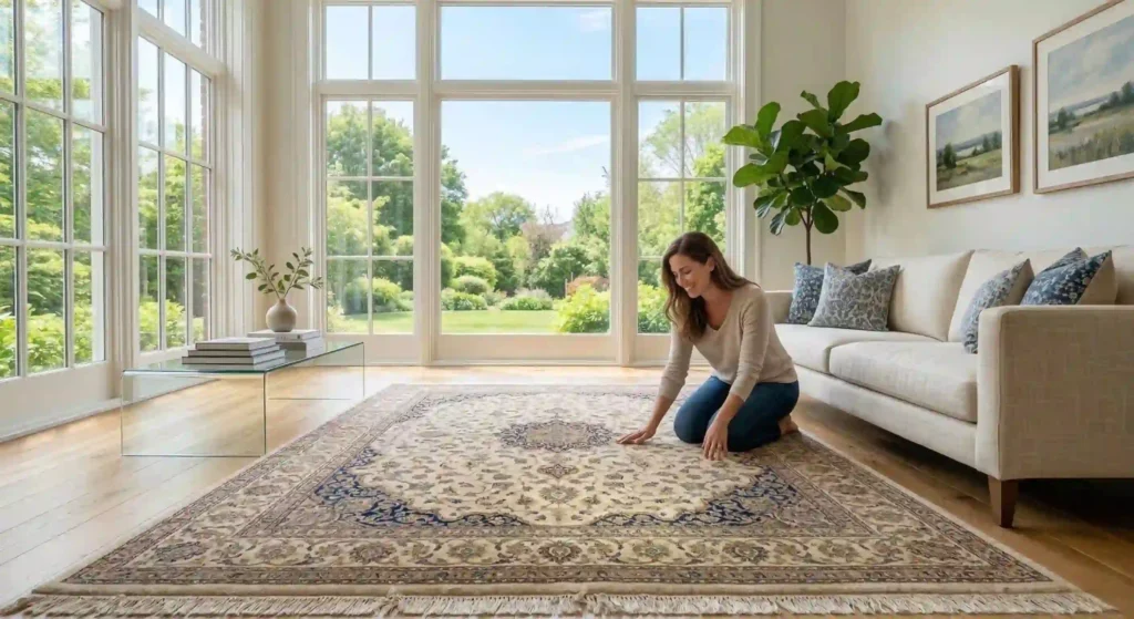 clean wool rug placed in a bright living room after professional cleaning.