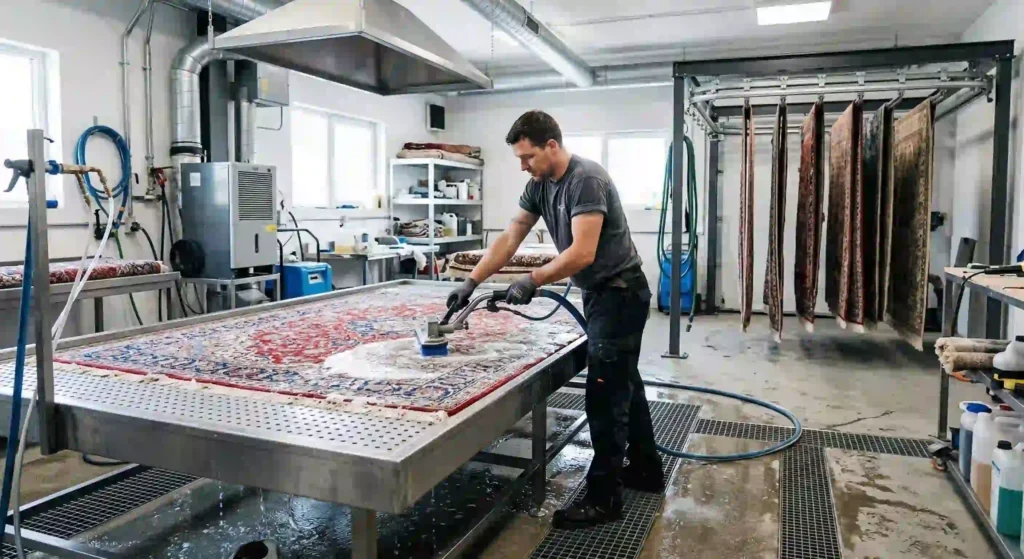 professional rug cleaning technician performing controlled washing and drying process.