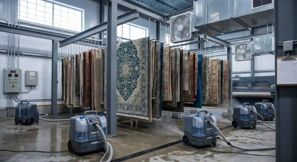 rugs hanging in a professional drying room.