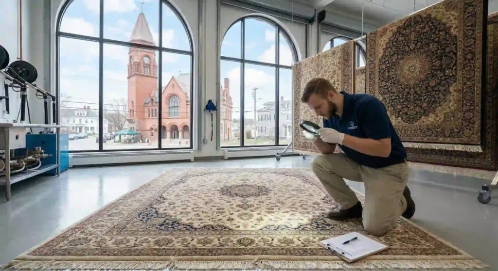 technician inspecting a wool rug before cleaning.