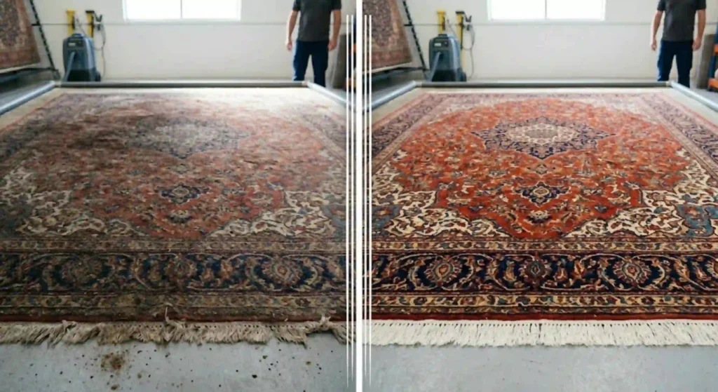 beforeafter image of a dirty vs. cleaned rug