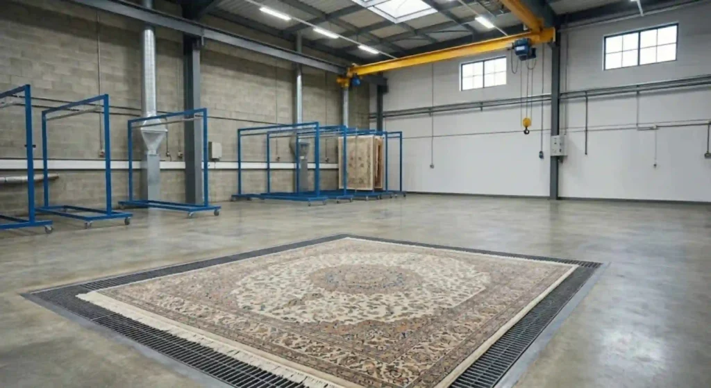 technician deep cleaning an area rug in a professional facility