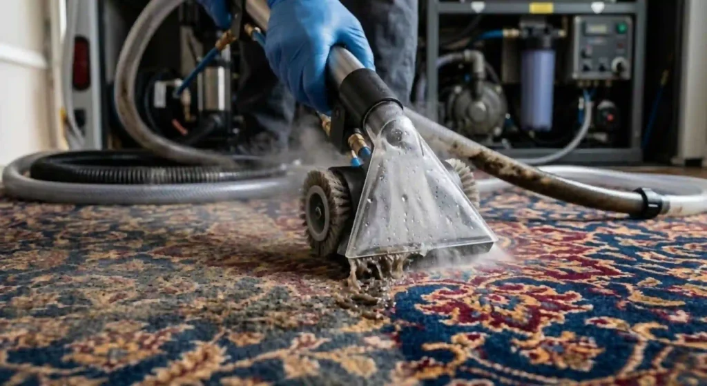Professional area rug cleaning process removing deep dirt