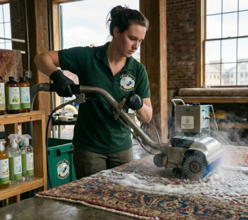 Technician deep cleaning area rug using environmentally safe cleaning methods