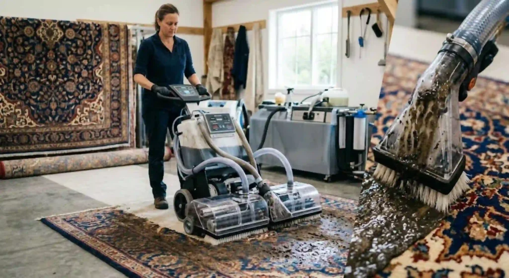 Advanced rug cleaning equipment removing deep soil from a rug