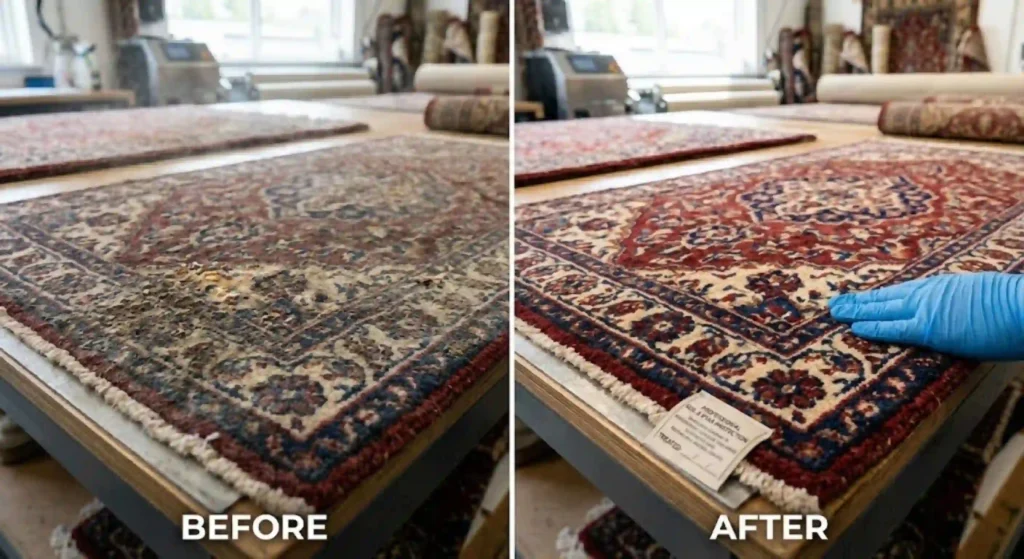 Area rug before and after professional soil treatment