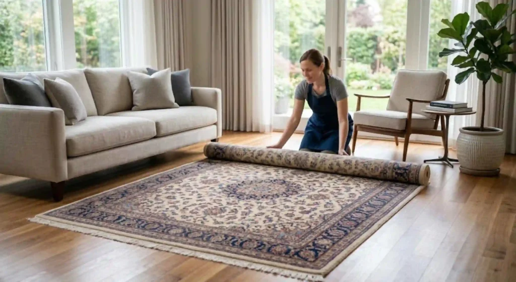 Expert cleaning specialist caring for a handmade wool rug