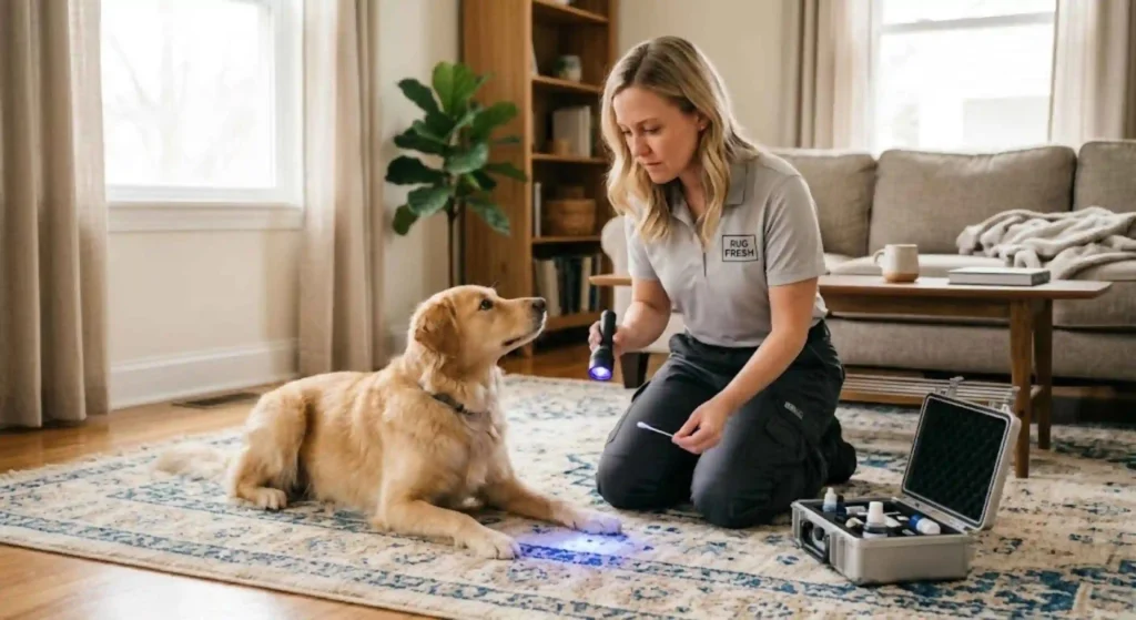 Professional technician inspecting a rug with pet odor before treatment