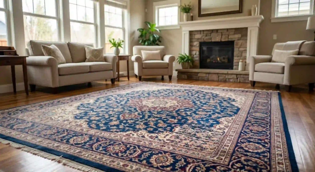 Professionally cleaned area rug restored to vibrant colors