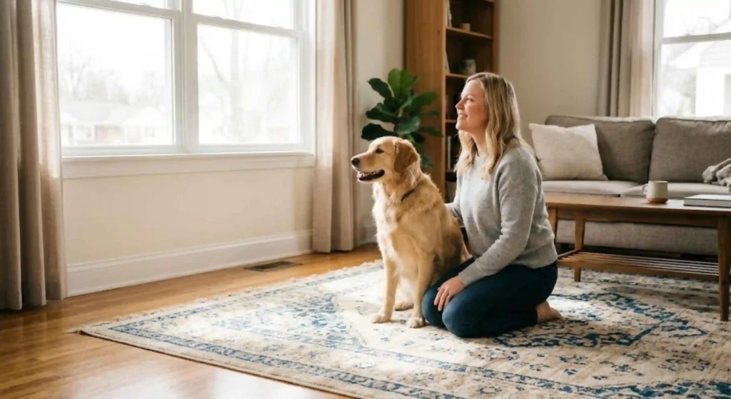 clean rug with pet in living room