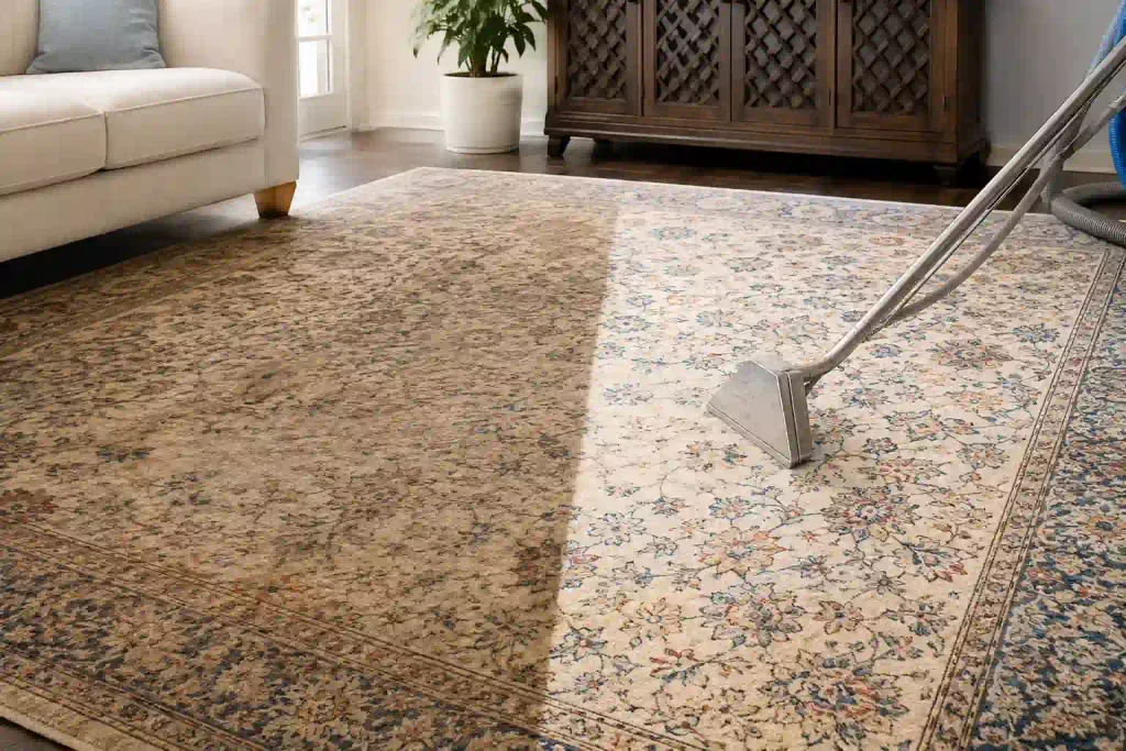 Before and after Professional Rug Cleaning showing restored rug appearance