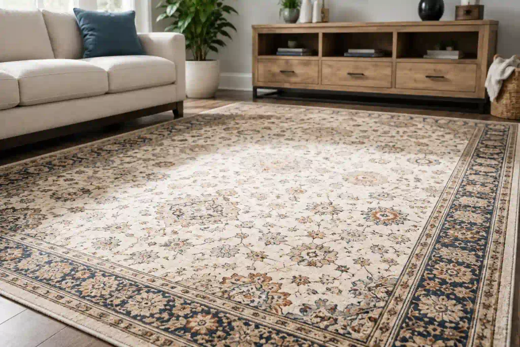 Freshly cleaned area rug improving the appearance of a home