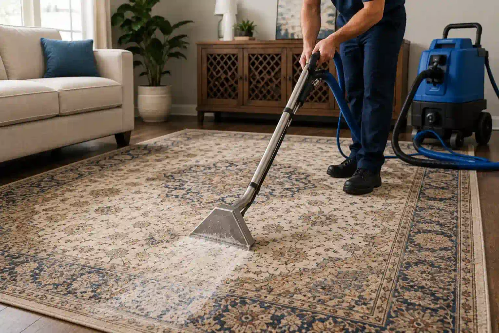 Professional equipment used by a rug cleaning service to deep clean an area rug