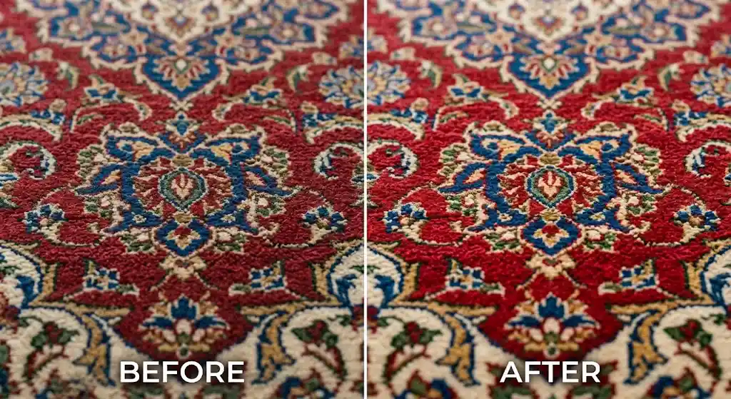 Before and after professional Iranian Rug cleaning in Fairhaven Massachusetts