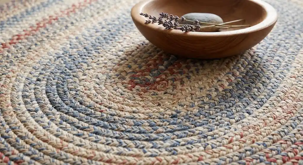 Close up of clean oval braided rug fibers and preserved braided stitching