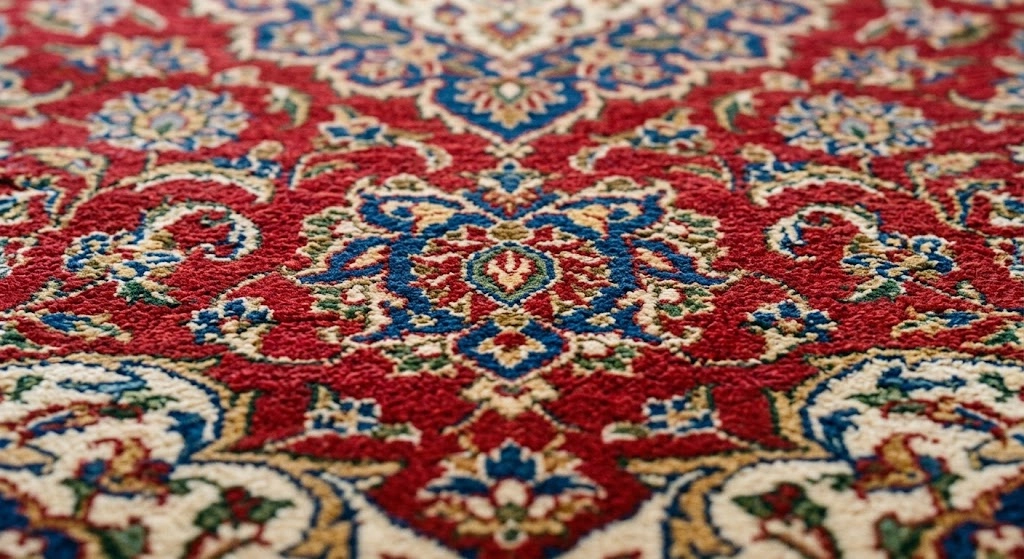 Detailed hand knotted Iranian Rug being prepared for professional cleaning in Fairhaven MA