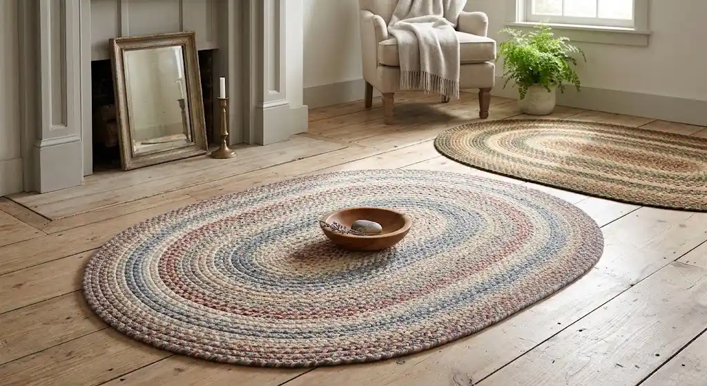Professionally cleaned oval braided rug displayed in a Fairhaven MA home