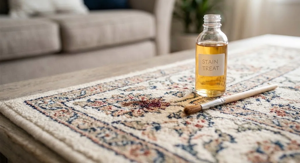 Rug specialist applying professional pet odor treatment to delicate rug fibers