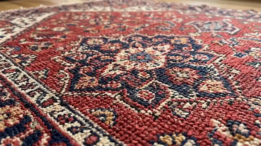 Detailed red Oriental Rug pattern requiring careful fiber safe cleaning and maintenance.