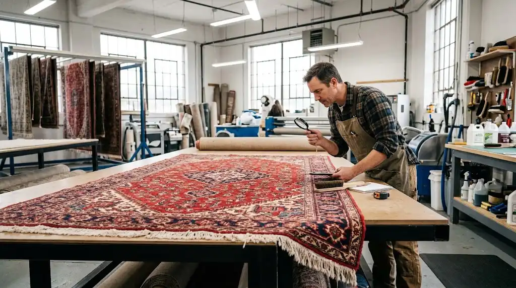 Professional inspection of a Red Oriental Rug before specialized cleaning at Rug Resort.